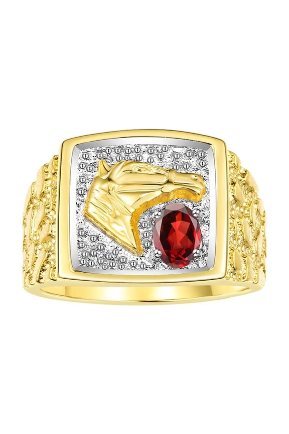 Men's Rings Yellow Gold Plated Silver Rings Lucky Nugget Horse Head 6X4MM Gemstone & Diamond Ring Garnet January Birthstone Rings For Men Size 8