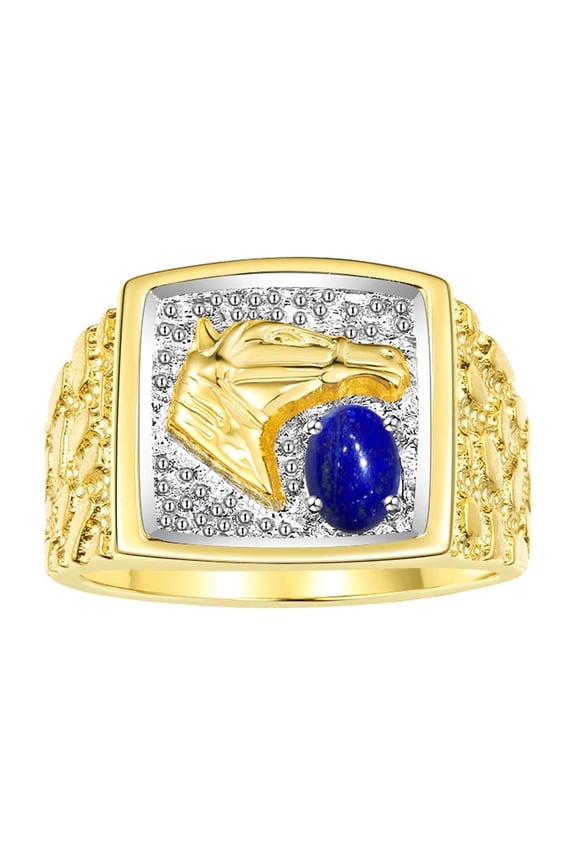 Men's Rings Yellow Gold Plated Silver Rings Lucky Nugget Horse Head 6X4MM Gemstone & Diamond Ring Lapis September Birthstone Rings For Men Size 11