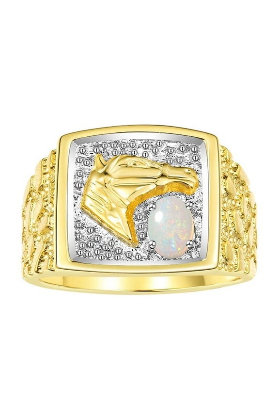 Men's Rings Yellow Gold Plated Silver Rings Lucky Nugget Horse Head 6X4MM Gemstone & Diamond Ring Opal October Birthstone Rings For Men Size 10