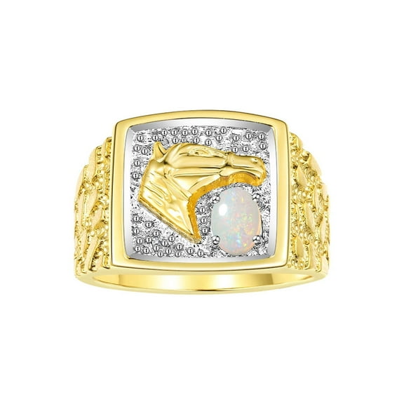 RYLOS Men's Rings Yellow Gold Plated Silver Rings Lucky Nugget Horse Head 6X4MM Gemstone & Diamond Ring Opal October Birthstone Rings For Men Size 9