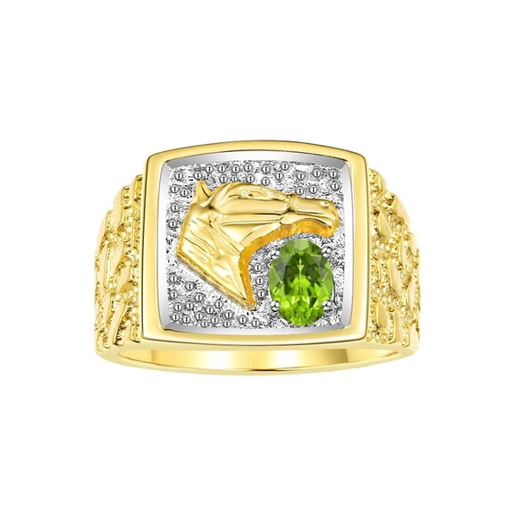 RYLOS Men's Rings Yellow Gold Plated Silver Rings Lucky Nugget Horse Head 6X4MM Gemstone & Diamond Ring Peridot August Birthstone Rings For Men Size 8