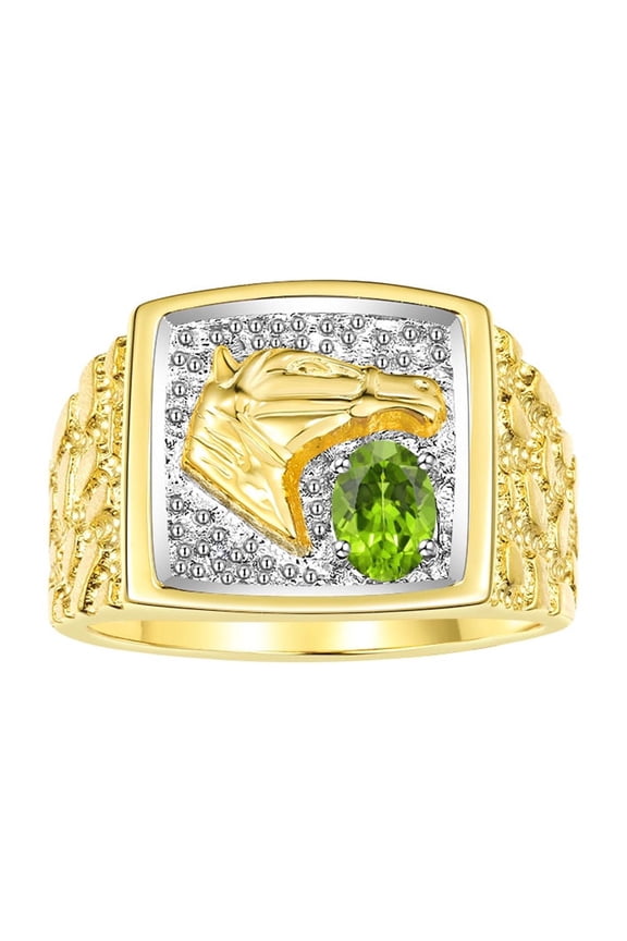 Men's Rings Yellow Gold Plated Silver Rings Lucky Nugget Horse Head 6X4MM Gemstone & Diamond Ring Peridot August Birthstone Rings For Men Size 8
