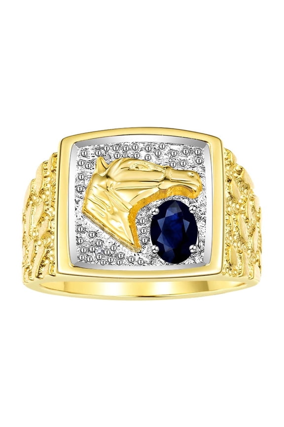 Men's Rings Yellow Gold Plated Silver Rings Lucky Nugget Horse Head 6X4MM Gemstone & Diamond Ring Sapphire September Birthstone Rings For Men Size 10