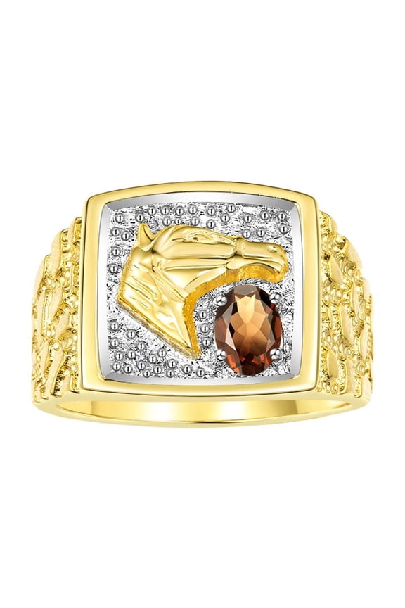 Men's Rings Yellow Gold Plated Silver Rings Lucky Nugget Horse Head 6X4MM Gemstone & Diamond Ring Smoky Quartz June Birthstone Rings For Men Size 9