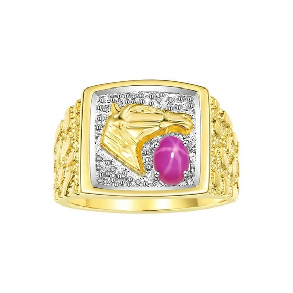 RYLOS Men's Rings Yellow Gold Plated Silver Rings Lucky Nugget Horse Head 6X4MM Gemstone & Diamond Ring Star Ruby July Birthstone Rings For Men Size 9