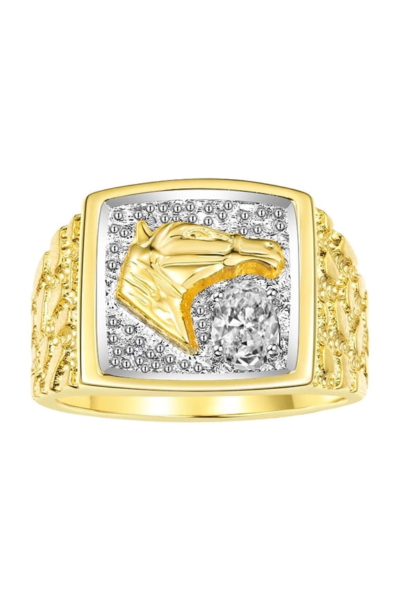 Men's Rings Yellow Gold Plated Silver Rings Lucky Nugget Horse Head 6X4MM Gemstone & Diamond Ring White Topaz April Birthstone Rings For Men Size 9