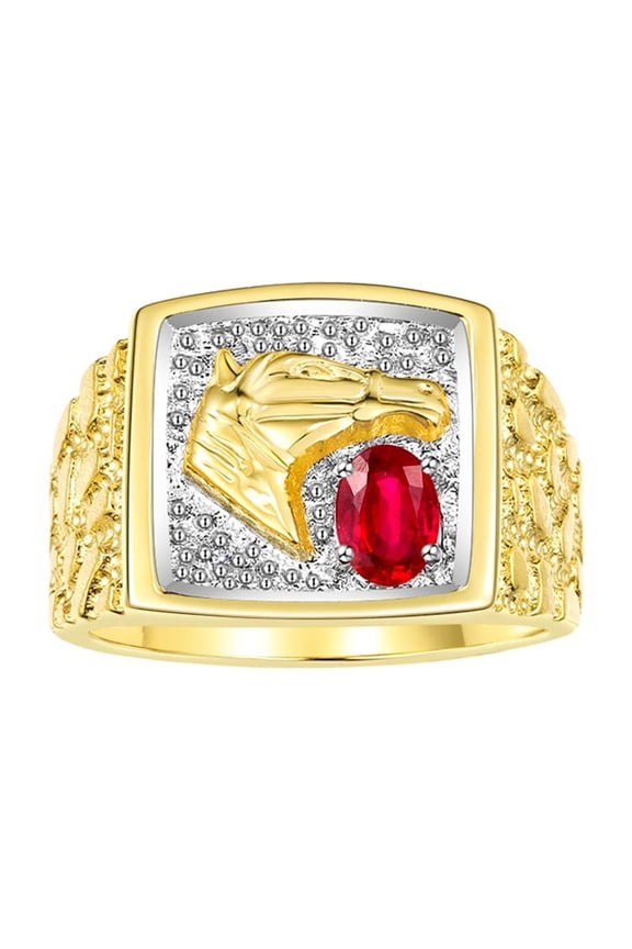 Men's Rings Yellow Gold Plated Silver Rings Lucky Nugget Horse Head 6X4MM Oval Gemstone & Diamond Ring Ruby July Birthstone Rings For Men Size 8