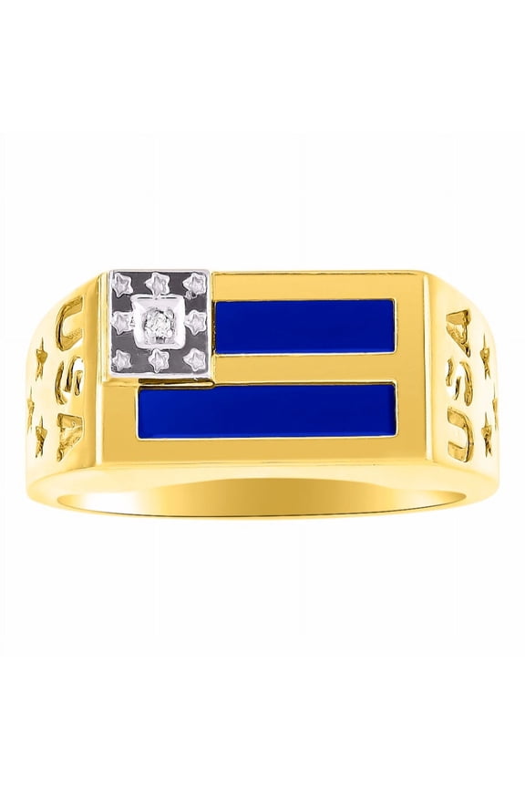 Men's Rings Yellow Gold Plated Silver USA Flag Designer Ring With Diamonds and Blue Quartz Rings For Men Size 8