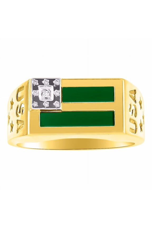 Men's Rings Yellow Gold Plated Silver USA Flag Designer Ring With Diamonds and Green Quartz Rings For Men Size 12