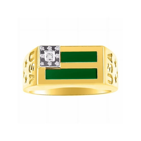 RYLOS Men's Rings Yellow Gold Plated Silver USA Flag Designer Ring With Diamonds and Green Quartz Rings For Men Size 12