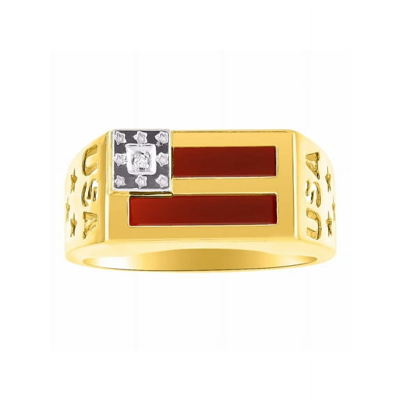 RYLOS Men's Rings Yellow Gold Plated Silver USA Flag Designer Ring With Diamonds and Red Quartz Rings For Men Size 10