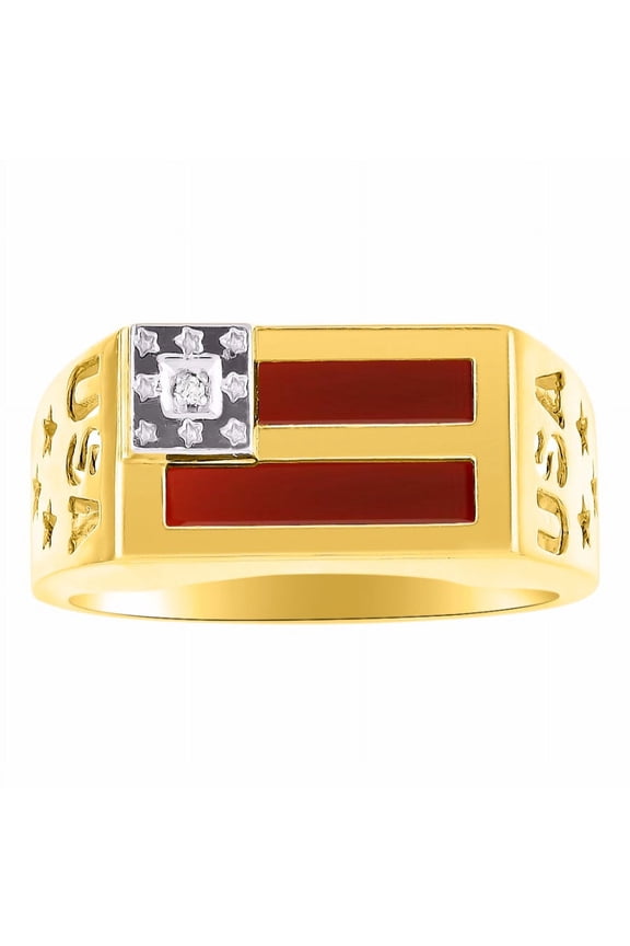 Men's Rings Yellow Gold Plated Silver USA Flag Designer Ring With Diamonds and Red Quartz Rings For Men Size 10