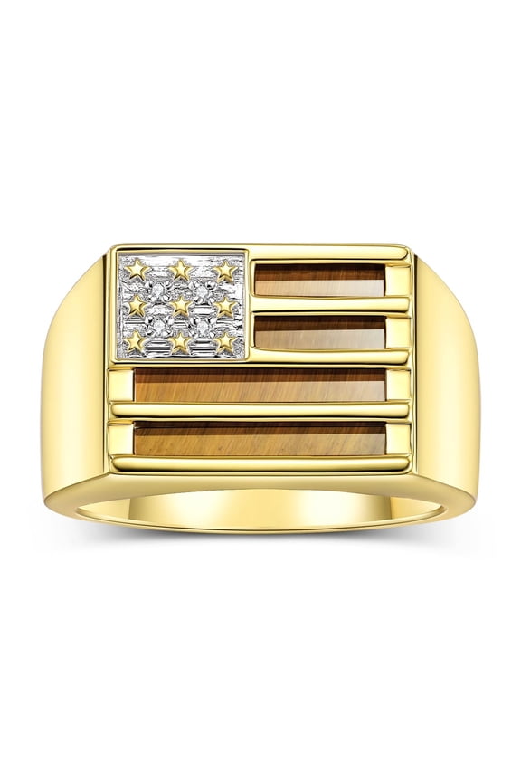 Men's Rings Yellow Gold Plated Silver USA Flag Designer Ring With Diamonds and Tiger Eye Rings For Men Designer Patriotic Jewelry Size 11