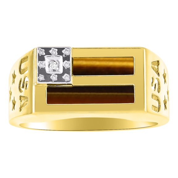 RYLOS Men's Rings Yellow Gold Plated Silver USA Flag Designer Ring With Diamonds and Tiger Eye Rings For Men Size 10