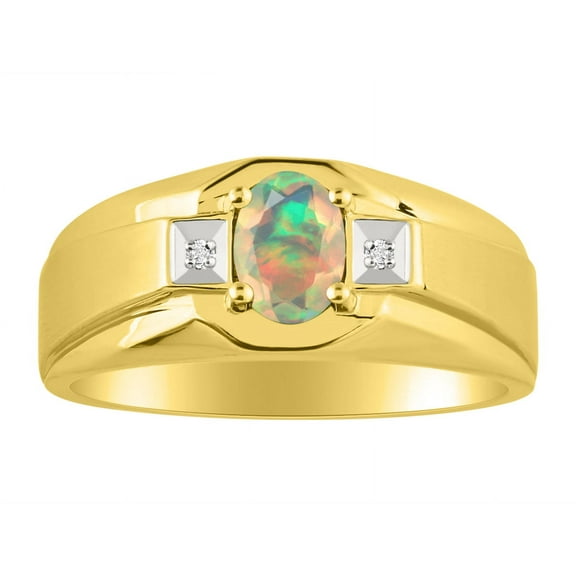 *RYLOS Mens Classic Opal & Diamond Ring - October Birthstone*; 14K Yellow Gold-plated-silver