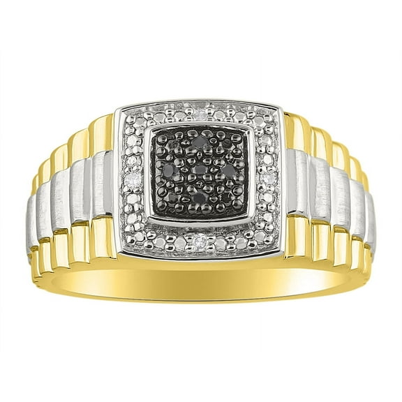 RYLOS Mens Ring with Black and White Diamonds Set in Yellow Gold Plated Silver - Designer Style Size 6