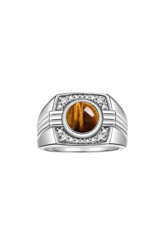 Mens Rings 14K White Gold Designer Round Gemstone & Sparkling Diamond Ring Tiger Eye November Birthstone Rings For Men, Men's Rings, Gold Rings Sizes 8 - 13