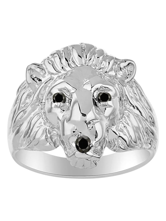 Mens Rings 14K White Gold Lion Head Ring Black Diamonds in Eyes & Color Stone Birthstones in Mouth Fun Designer Rings For Men Men's Rings Gold Rings Black Diamond Mens Jewelry