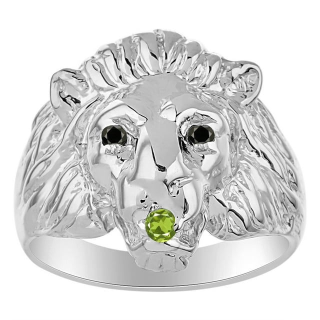 RYLOS 14K White Gold Lion Head Ring; Black Diamonds Eyes & Gemstone in