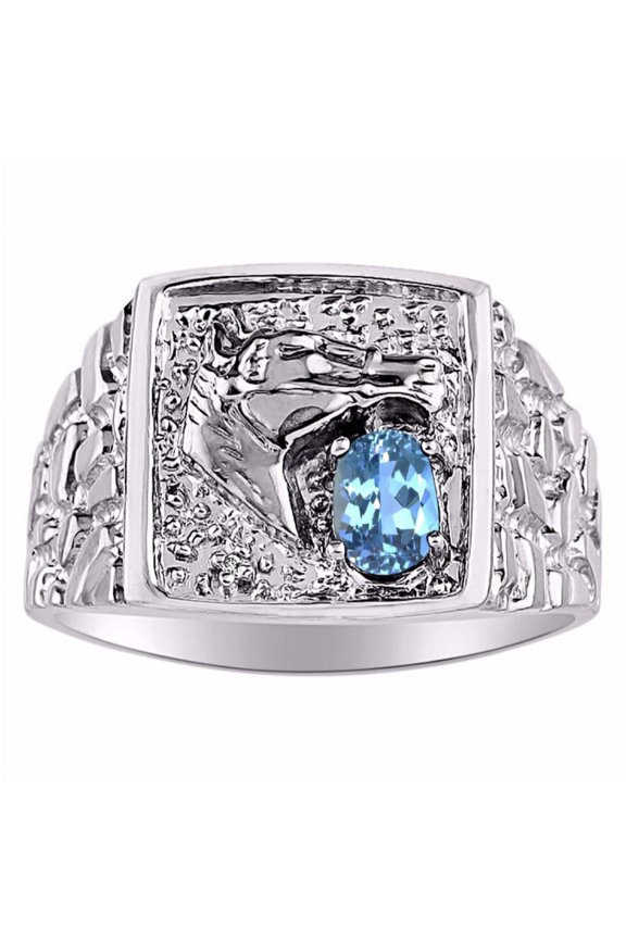 Mens Rings 14K White Gold Rings Lucky Nugget Horse Head 6X4MM Oval Gemstone & Genuine Diamond  Ring  Blue Topaz December Birthstone Rings For Men, Men's Rings, Gold Rings Sizes 8,9,10,11,12,13