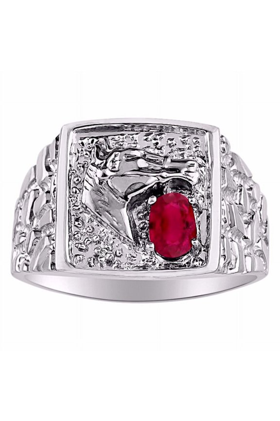 Mens Rings 14K White Gold Rings Lucky Nugget Horse Head 6X4MM Oval Gemstone & Genuine Sparkling Diamond  Ring  Ruby  July Birthstone Rings For Men, Men's Rings, Gold Rings Sizes 8,9,10,11,12,13