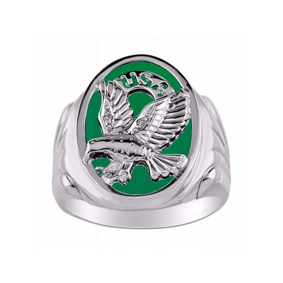 RYLOS Men's Rings 14K White Gold Ring Designer Patriotic Eagle USA Ring With Diamonds and Green Quartz Rings For Men Size 11