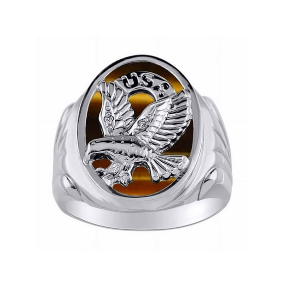 RYLOS Men's Rings 14K White Gold Ring Designer Patriotic Eagle USA Ring With Diamonds and Tiger Eye Rings For Men Size 12