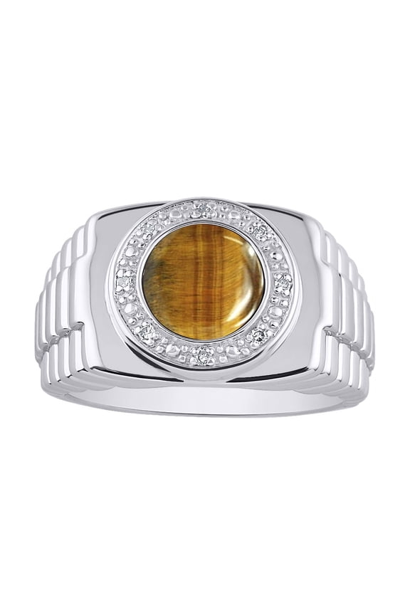 Mens Rings 14K White Gold Ring Round Shape Cabochon Gemstone & Genuine Diamonds Designer Style Tiger Eye Rings For Men Men's Rings Gold Rings Sizes 8,9,10,11,12,13 Mens Jewelry