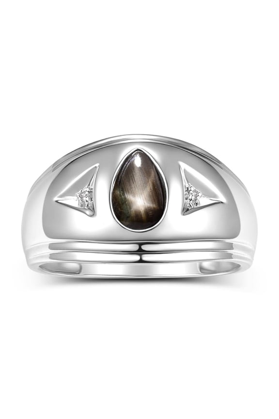 Men's Rings 14K White Gold Pear Shape Tear Drop Cabochon Gemstone & Diamond Rings; Black Star Sapphire Size 13
