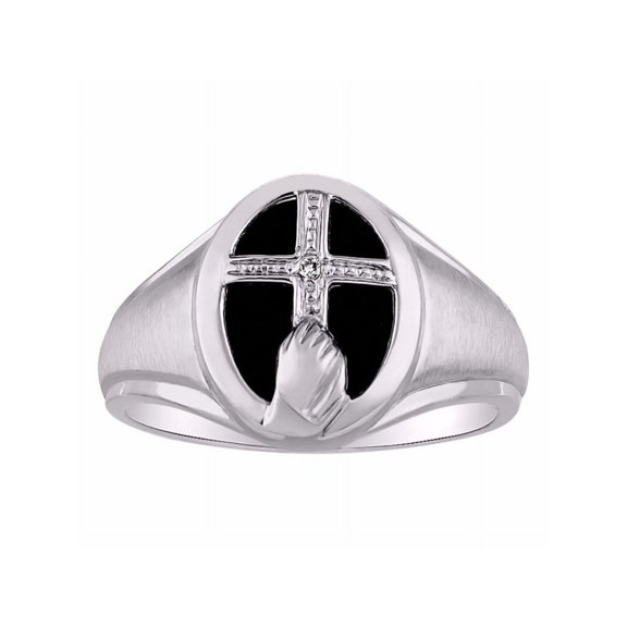 RYLOS Unisex Rings 14K White Gold Religious Cross Prayer Ring With Diamonds & Black Onyx Designer Jewelry Size 8