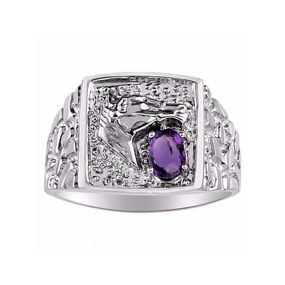 RYLOS Mens Rings 14K White Gold Rings Lucky Nugget Horse Head 6X4MM Oval Gemstone & Genuine Diamond Ring Amethyst February Birthstone Rings For Men, Men's Rings, Gold Rings Sizes 8,9,10,11,12,13