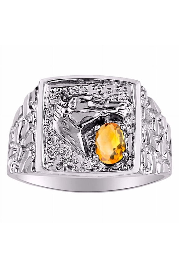 Mens Rings 14K White Gold Rings Lucky Nugget Horse Head 6X4MM Oval Gemstone & Genuine Diamond Ring Citrine November Birthstone Rings For Men, Men's Rings, Gold Rings Sizes 8,9,10,11,12,13
