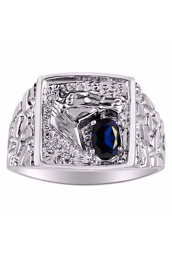 Mens Rings 14K White Gold Rings Lucky Nugget Horse Head 6X4MM Oval Gemstone & Genuine Diamond Ring Sapphire September Birthstone Rings For Men, Men's Rings, Gold Rings Sizes 8,9,10,11,12,13