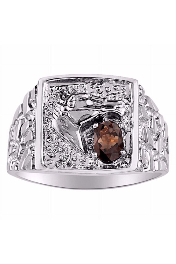 Mens Rings 14K White Gold Rings Lucky Nugget Horse Head 6X4MM Oval Gemstone & Genuine Diamond Ring Smoky Quartz June Birthstone Rings For Men, Men's Rings, Gold Rings Sizes 8,9,10,11,12,13
