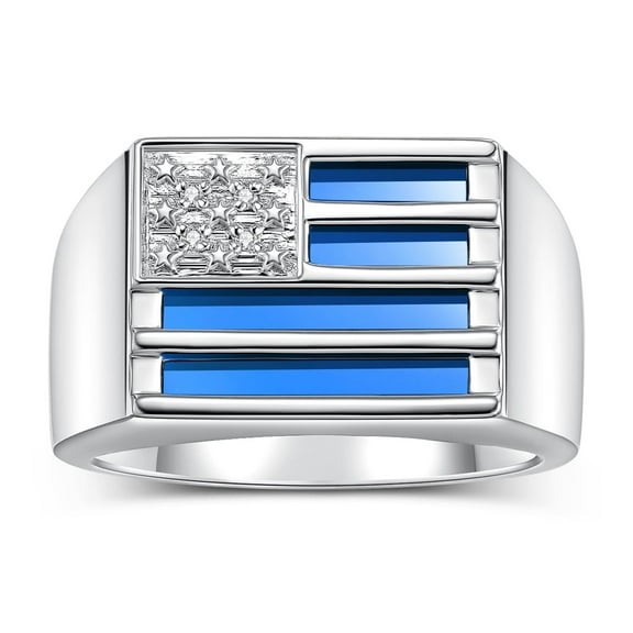 RYLOS Men's Rings 14K White Gold USA Flag Designer Ring With Diamonds and Blue Quartz Rings For Men Designer Patriotic Jewelry Size 9