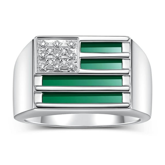 RYLOS Men's Rings 14K White Gold USA Flag Designer Ring With Diamonds and Green Quartz Rings For Men Designer Patriotic Jewelry Size 10
