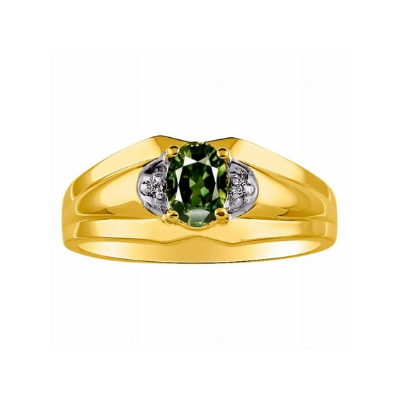 RYLOS Mens Rings 14K Yellow Gold Classic Design 7X5MM Oval Gemstone & Diamond Green Sapphire September Birthstone Ring Size 11