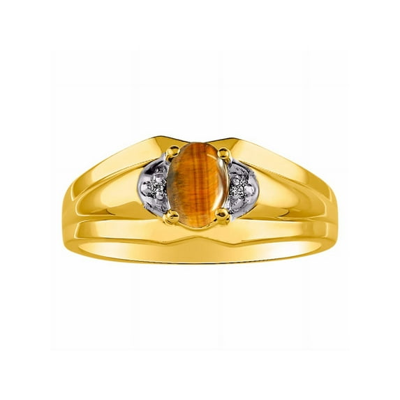 RYLOS Mens Rings 14K Yellow Gold Classic Design 7X5MM Oval Gemstone & Diamond Tiger Eye November Birthstone Ring Size 12