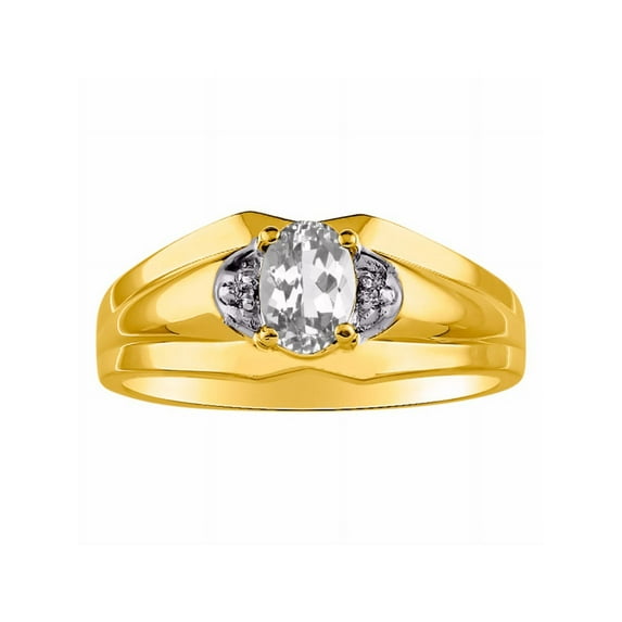 RYLOS Mens Rings 14K Yellow Gold Classic Design 7X5MM Oval Gemstone & Diamond White Topaz April Birthstone Ring Size 8