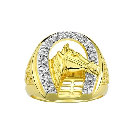 RYLOS 14K Yellow Gold Men's Ring, designer Lucky Horseshoe Design with Diamonds Size 11