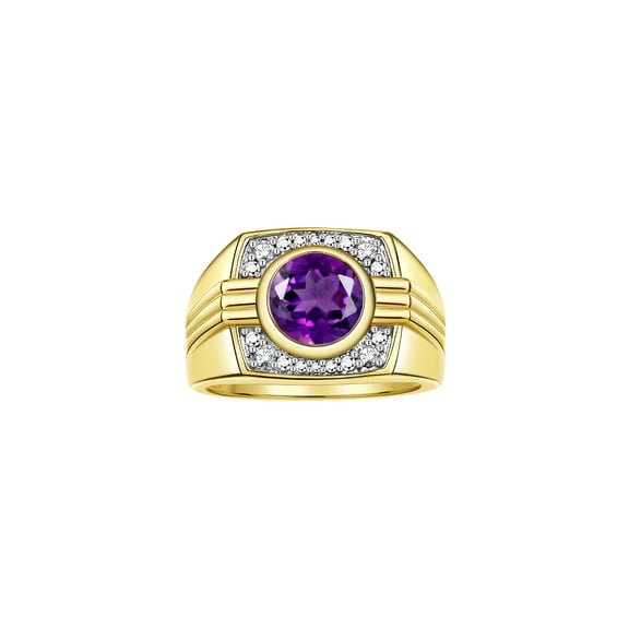 RYLOS Mens Rings 14K Yellow Gold Designer Round Gemstone & Sparkling Diamond Ring Amethyst February Birthstone Rings For Men, Men's Rings, Gold Rings Sizes 8 - 13