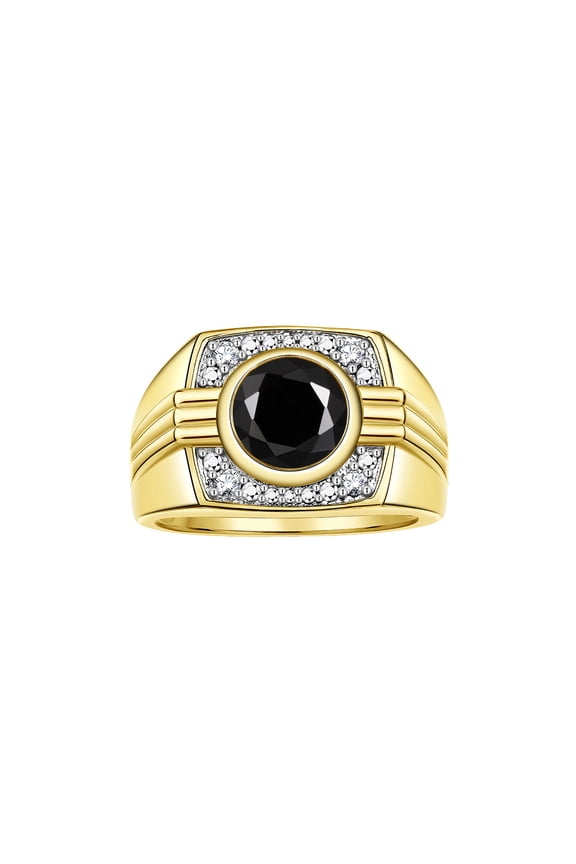Mens Rings 14K Yellow Gold Designer Round Gemstone &  Sparkling Diamond Ring Onyx October Birthstone Rings For Men, Men's Rings, Gold Rings Sizes 8 - 13