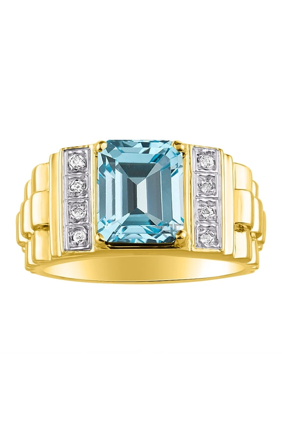 Mens Rings 14K Yellow Gold Designer Style 10X8MM Emerald Cut Shape Gemstone & Genuine Sparkling Diamonds Blue Topaz December Birthstone Rings For Men Men's Rings, Gold Rings Size 8,9,10,11,12,13