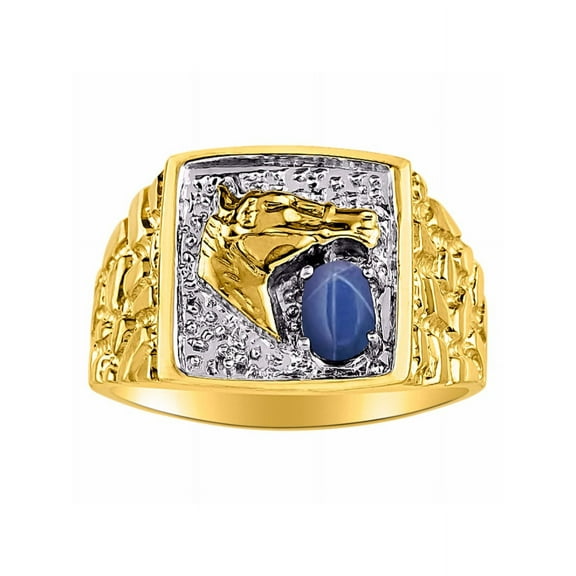 RYLOS Mens Rings 14K Yellow Gold Rings Lucky Nugget Horse Head 6X4MM Gemstone & Diamond Ring Blue Star Sapphire September Birthstone Rings For Men, Men's Rings, Gold Rings Sizes 8,9,10,11,12,13