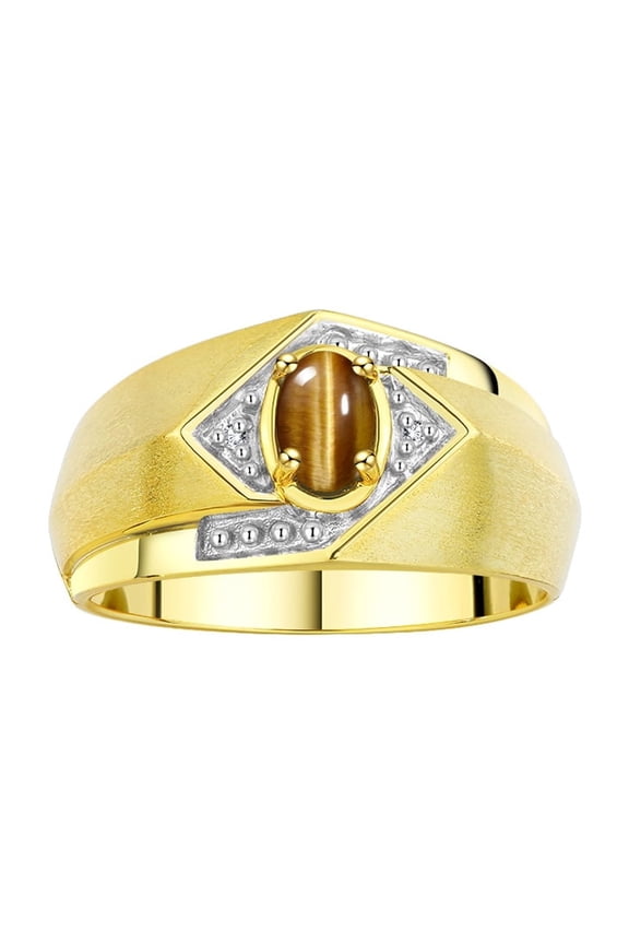 Mens Rings 14K Yellow Gold Ring 6X4MM Oval Shape Gemstone & Diamond Ring Tiger Eye November Birthstone Rings For Man Gold Rings Size 9
