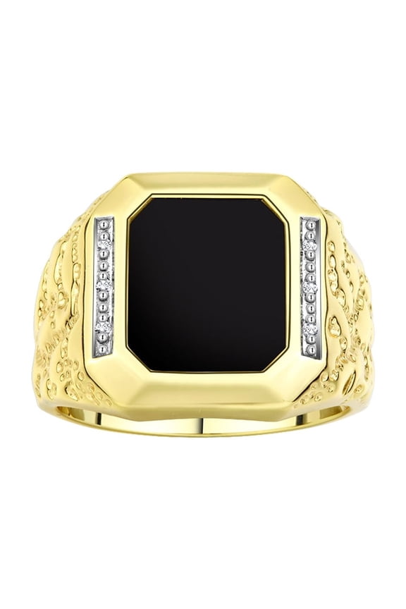 Men's Rings 14K Yellow Gold Ring With Diamonds and Black Onyx Set in Designer Nugget Style Rings For Men Size 10