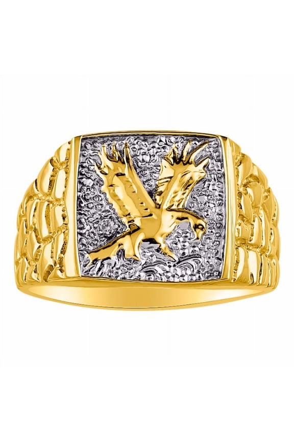 Men's 14K Yellow Gold Ring with Diamonds, Featuring Designer Patriotic Eagle Design - Stylish Men's Gold Rings - Premium Men's Jewelry Size 10