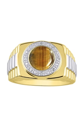 Mens Rings 14K Yellow Gold Ring Round Shape Cabochon Gemstone & Genuine Diamonds Designer Style Tiger Eye Rings For Men Men's Rings Gold Rings Sizes 8,9,10,11,12,13 Mens Jewelry