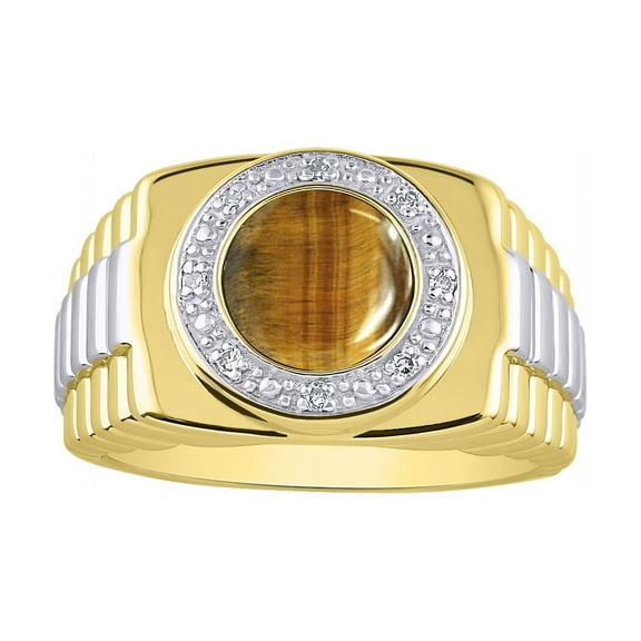 RYLOS Mens Rings 14K Yellow Gold Ring Round Shape Cabochon Gemstone & Genuine Diamonds Designer Style  Tiger Eye Rings For Men Men's Rings Gold Rings Sizes 8,9,10,11,12,13 Mens Jewelry