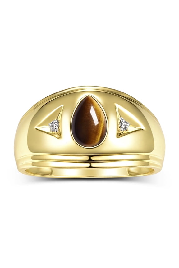 Men's Rings 14K Yellow Gold Pear Shape Tear Drop Cabochon Gemstone & Diamond Rings; Tiger Eye Size 11